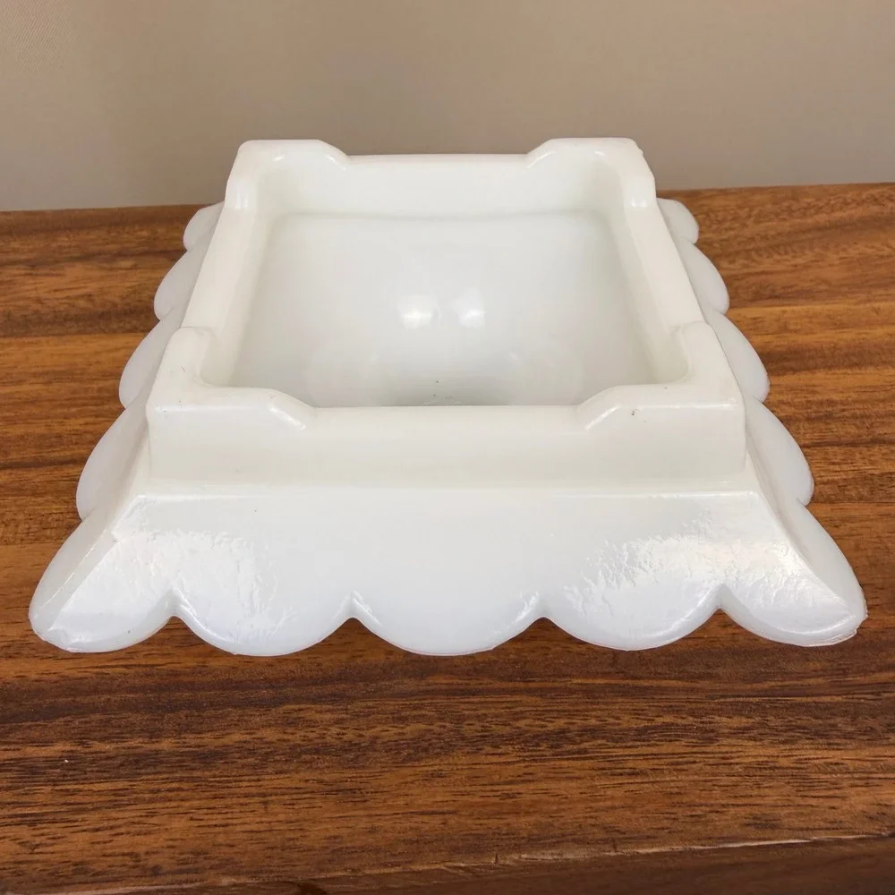 Vintage Milk Glass Hurricane Lamp Base Scalloped Square Ivy Leaf Gold Trim 7in